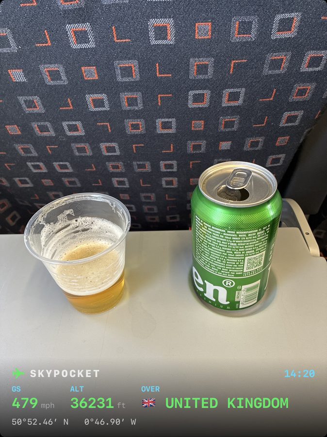 A drink at 36,000 feet, stamped 479 mph over the United Kingdom