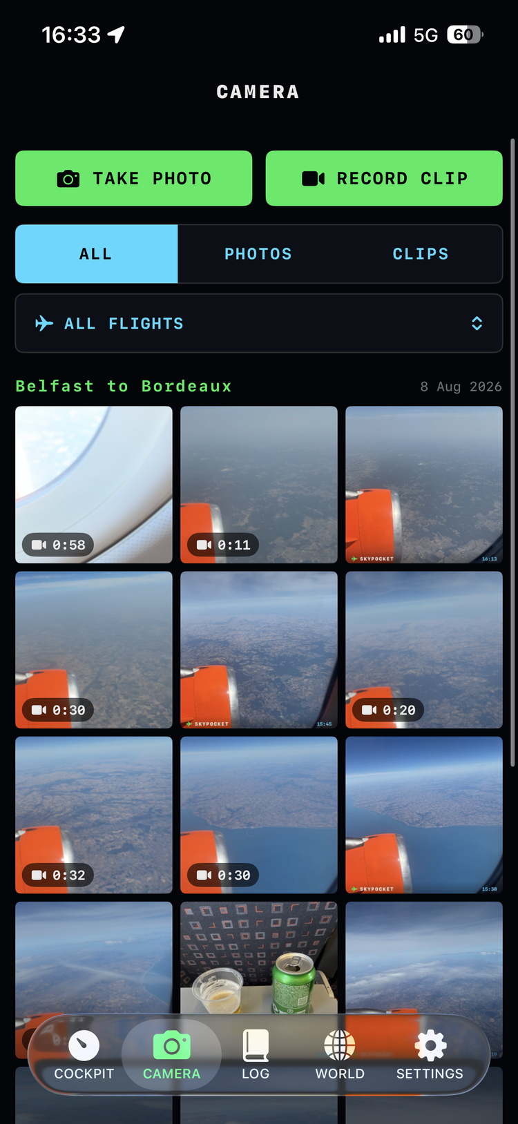 Camera tab filled with a real flight: stamped window photos and clips from Belfast to Bordeaux
