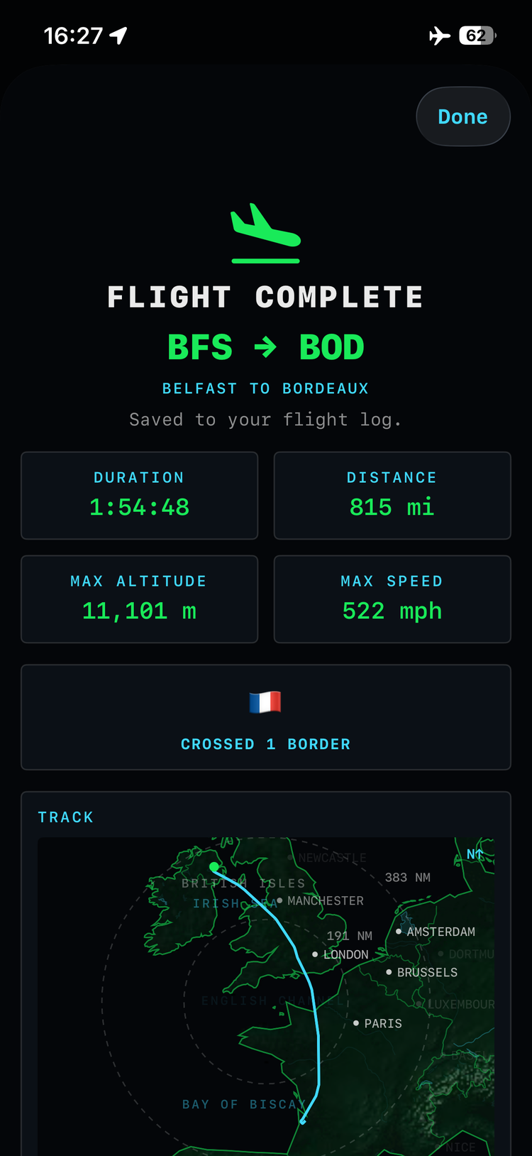 Flight complete screen for a real BFS to BOD flight: 815 miles, one border crossed, and the track from Belfast to Bordeaux