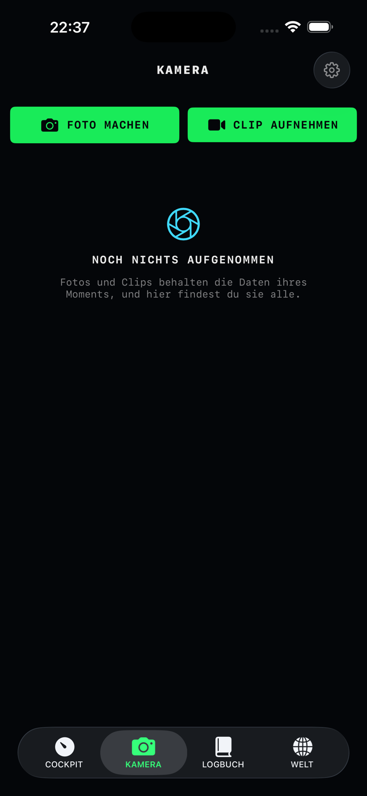 Tab KAMERA: Fotos und Clips aufnehmen, Filter und belegter Speicher