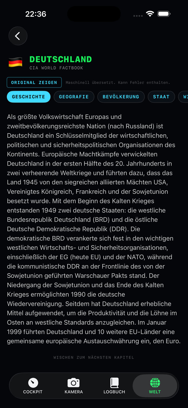 Das Kapitel Deutschland im World Factbook, auf Deutsch: die Abschnittskarten und die Fakten