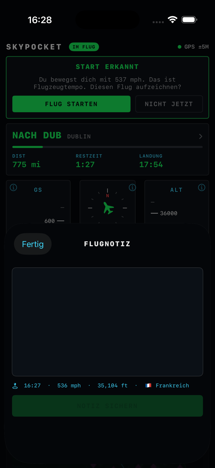Notiz im Flug schreiben, mit der Stempelzeile live: Uhrzeit, Geschwindigkeit, Höhe und das Land unter dir