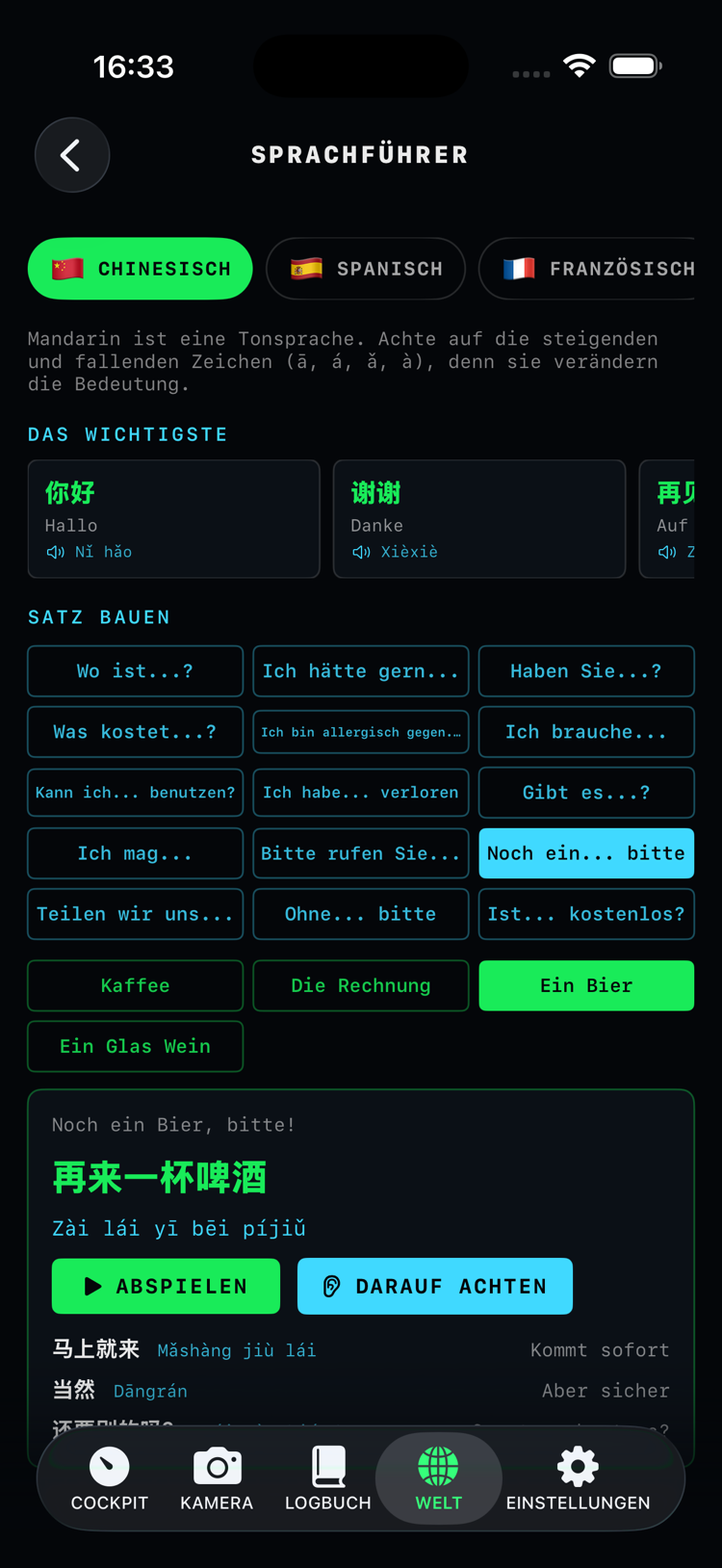 Sprachführer im Flug: ein gebauter Satz mit Aussprache, Abspieltaste und den Antworten, auf die du hören solltest