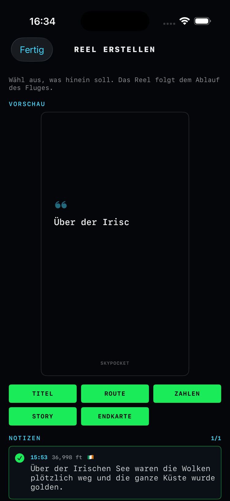 Reel-Studio: Livevorschau des Flugfilms, Chips für die Zutaten, Fotos und Notizen zum Auswählen, Regler fürs Tempo