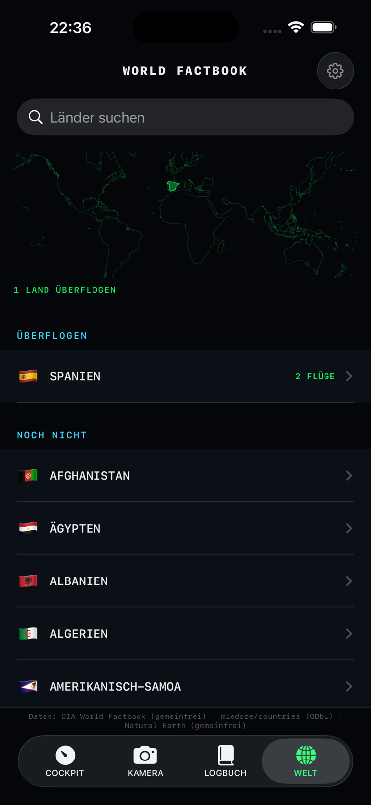 Tab WELT: die Sammelkarte mit den überflogenen Ländern und die Länderliste auf Deutsch