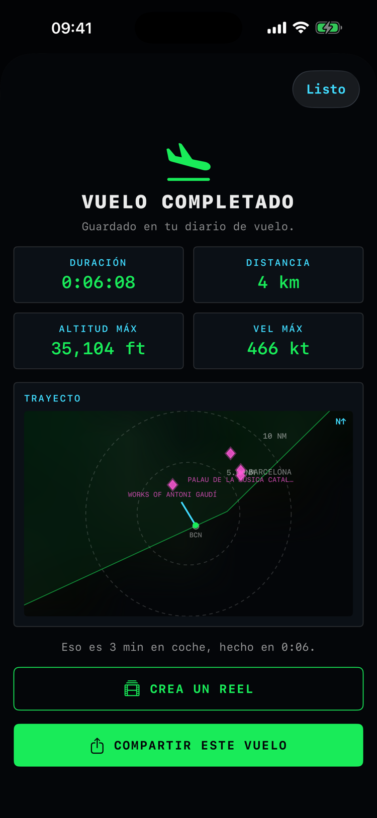 Pantalla de vuelo completado: duración, distancia, altitud máxima y velocidad máxima, con el botón de compartir