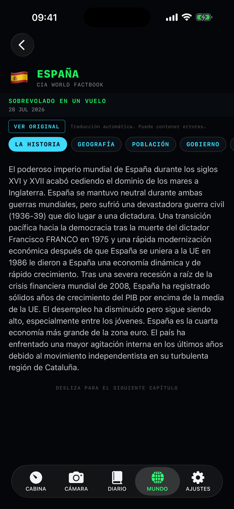 El capítulo de España en el World Factbook, en español: las pestañas de secciones y las curiosidades