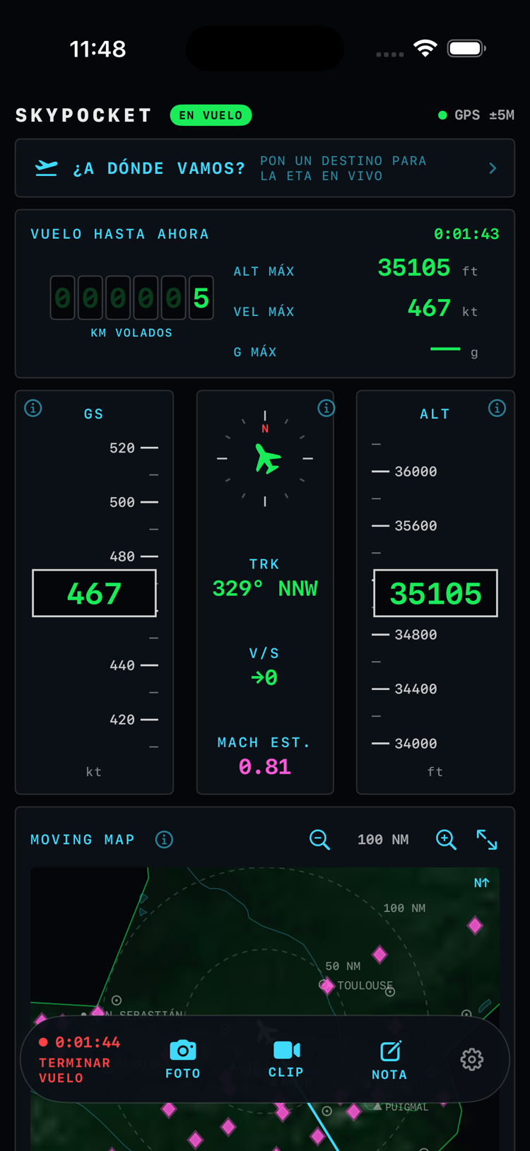 Despegue detectado: nota la velocidad de avión y pregunta si quieres grabar el vuelo