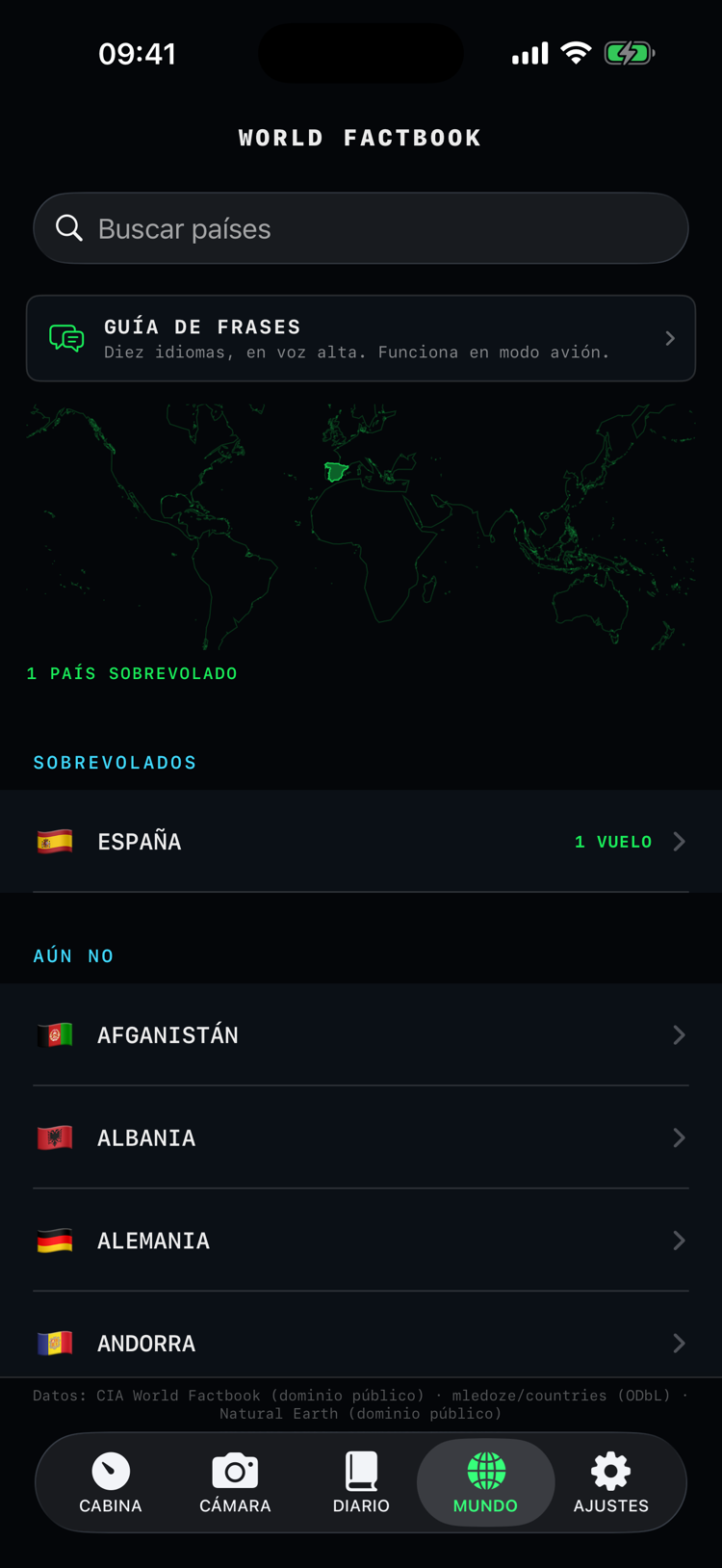 Pestaña Mundo: el mapa de colección con los países sobrevolados iluminados y la lista de países en español