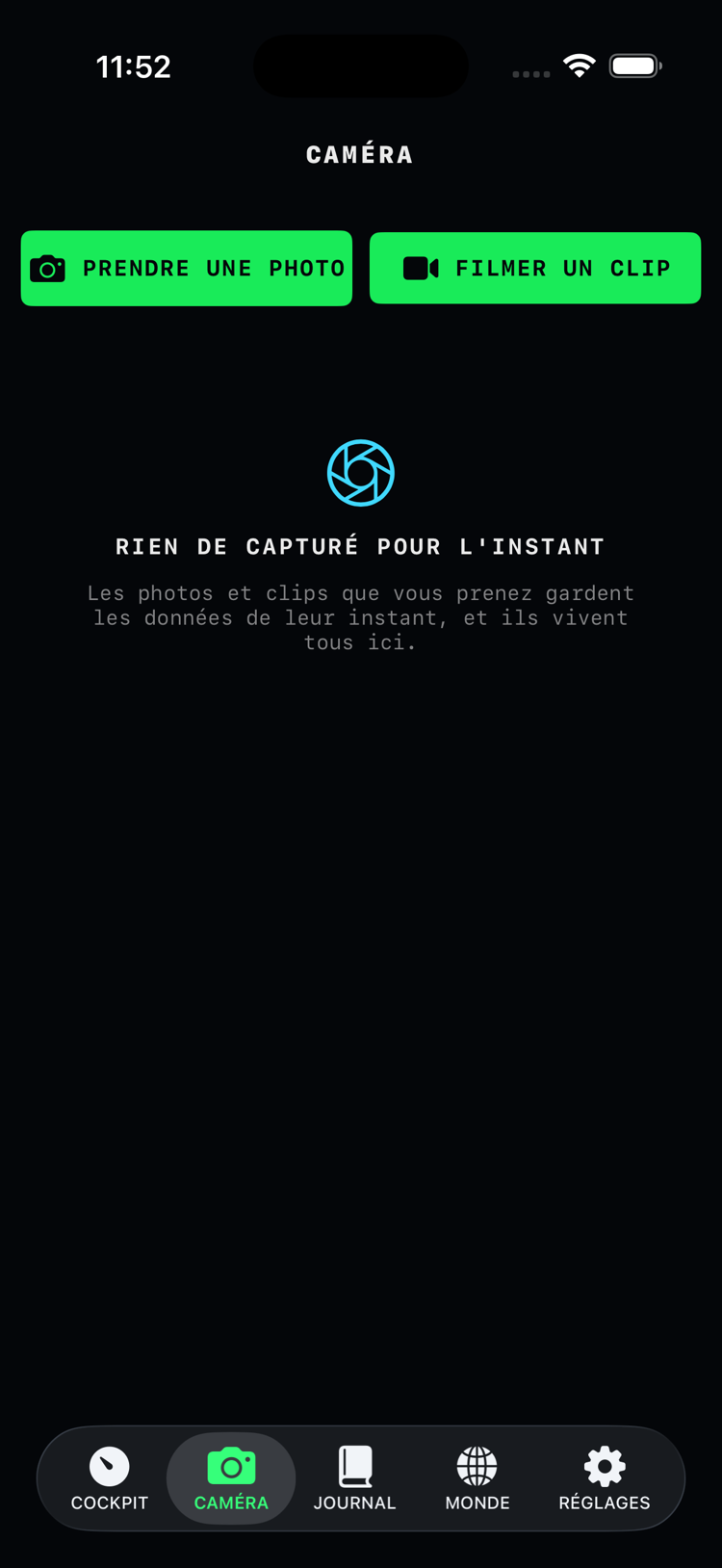 Onglet Caméra : vos photos et clips, les filtres et l'espace utilisé