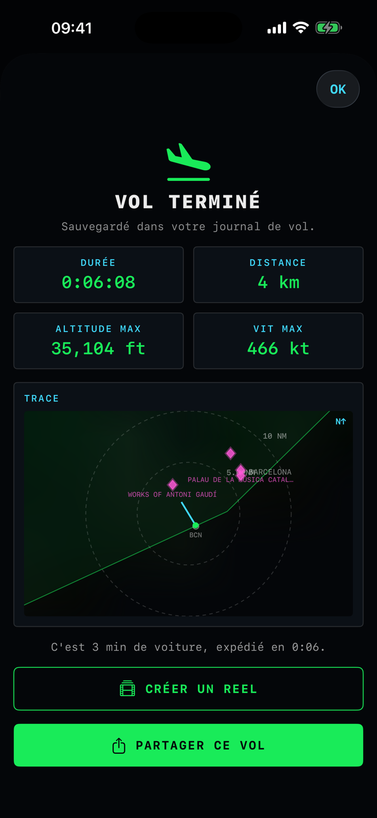 Écran de vol terminé : durée, distance, altitude maximale et vitesse maximale, avec le bouton de partage