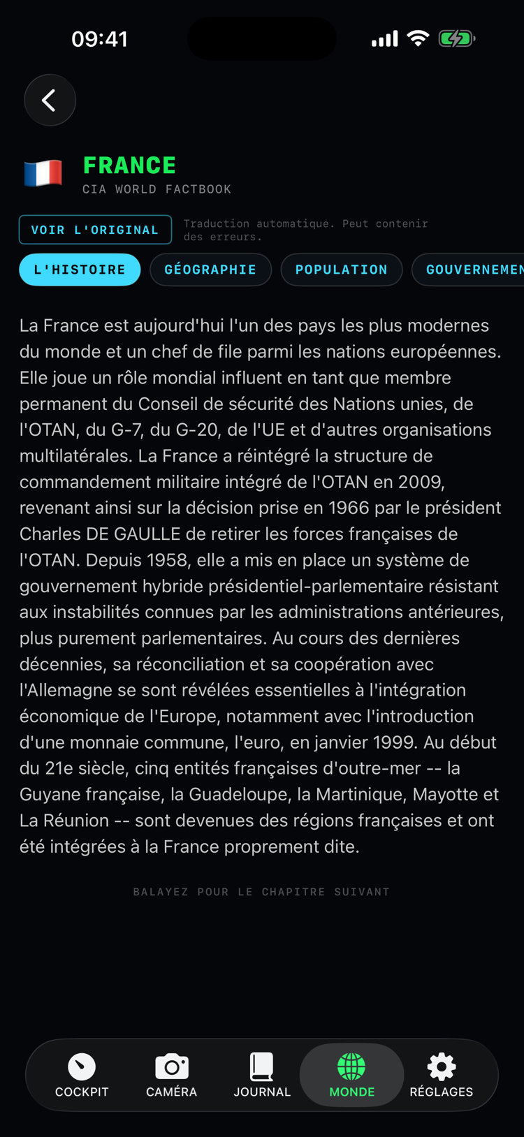 Le chapitre de la France dans le World Factbook, en français : les onglets des sections et les anecdotes