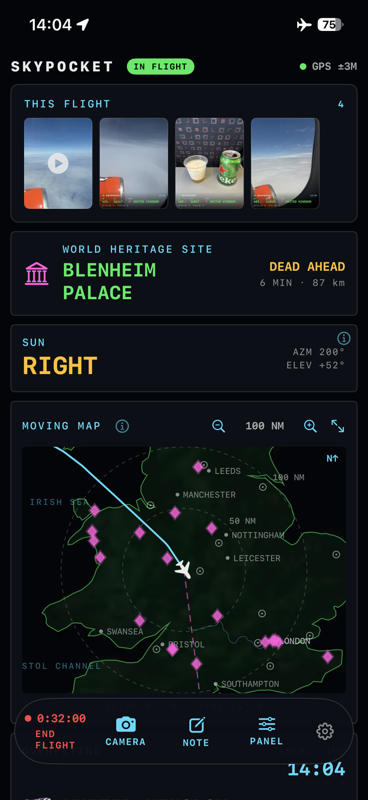 A real flight, mid-recording: this flight's photos and clips in the cockpit, Blenheim Palace dead ahead, and the moving map over England