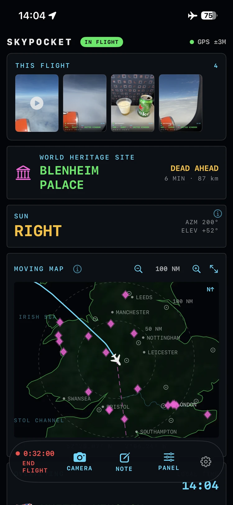 A real flight, mid-recording: this flight's photos and clips in the cockpit, Blenheim Palace dead ahead, and the moving map over England