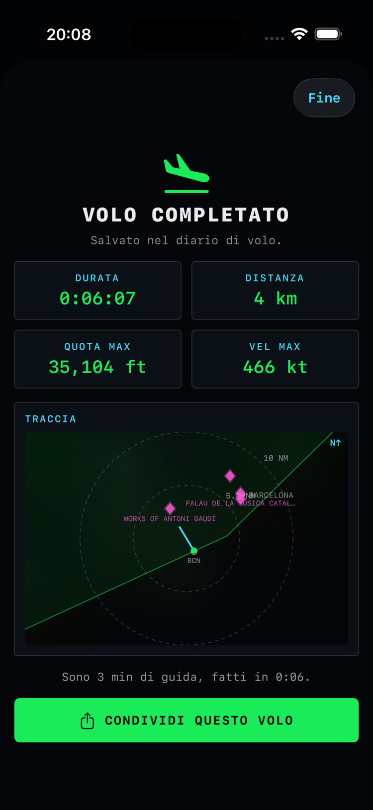 Schermata volo completato: durata, distanza, quota massima e velocità massima, con il pulsante di condivisione