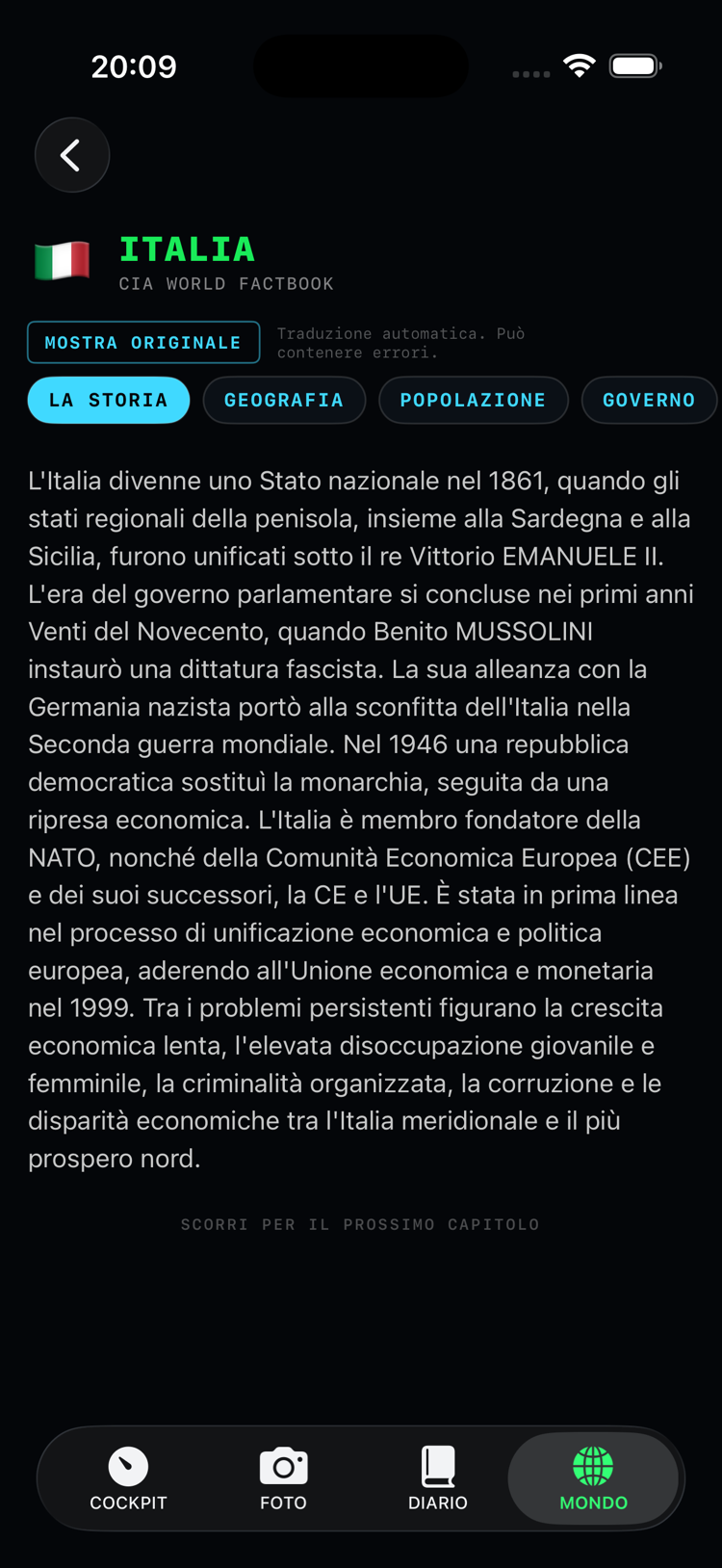 Il capitolo dell'Italia nel World Factbook, in italiano: le schede delle sezioni e le curiosità