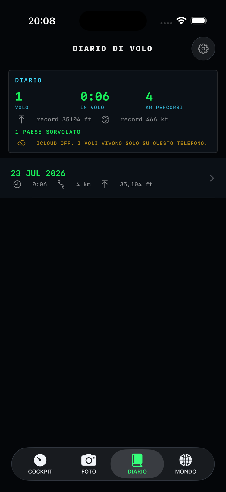 Diario di volo: le statistiche di sempre, l'elenco dei voli e lo stato del backup su iCloud