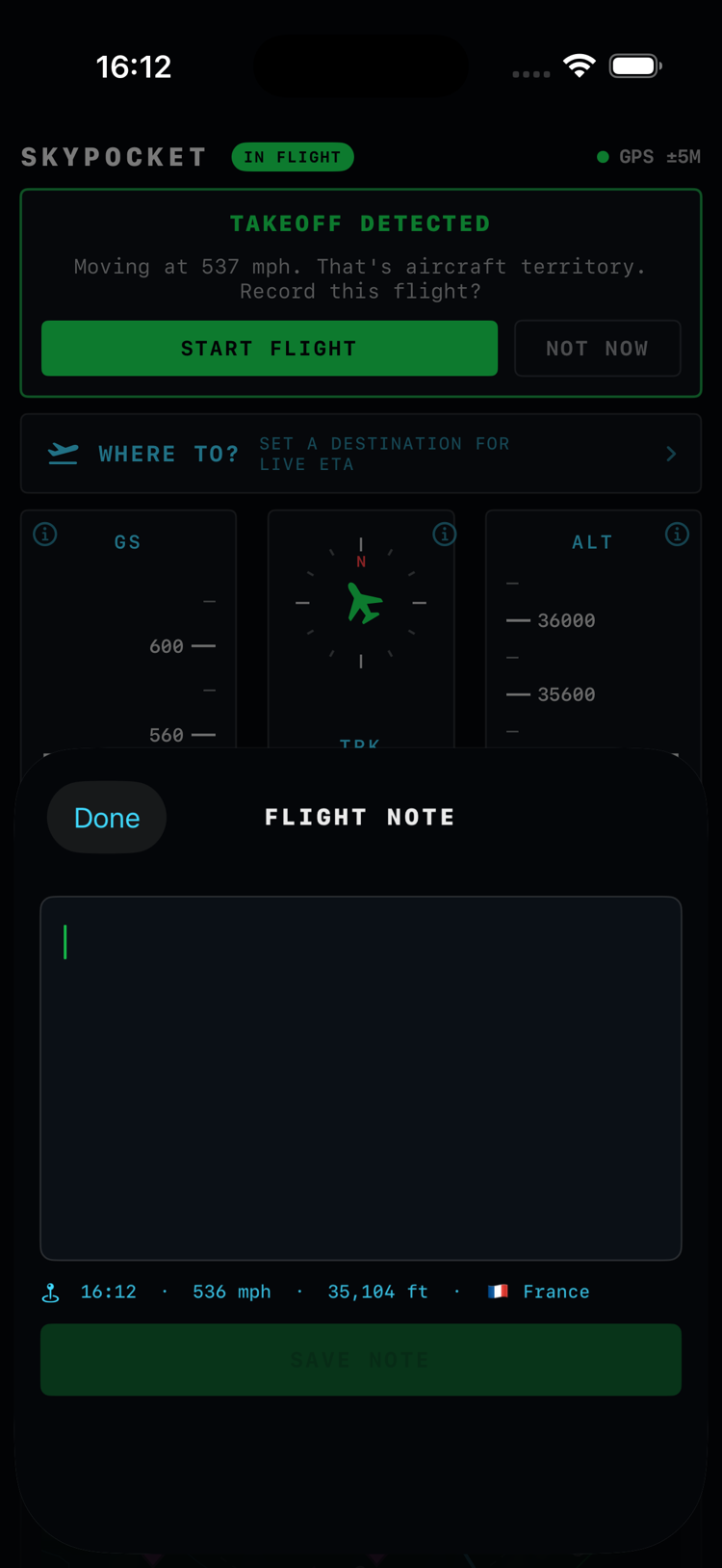 Flight note composer with the live stamp line: time, speed, altitude and the country below