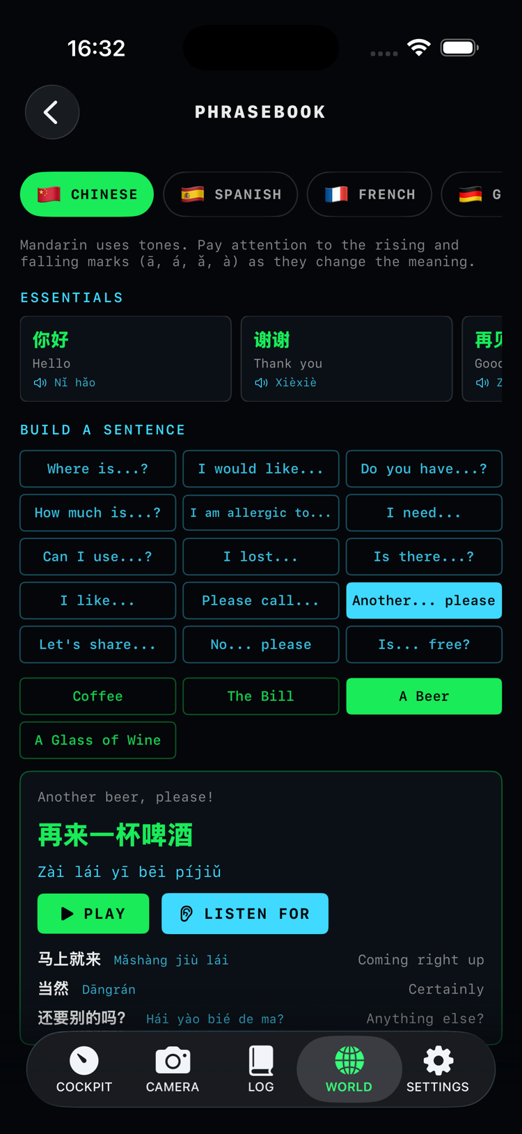 In-flight phrasebook: a built sentence with pronunciation, play button and the answers to listen for