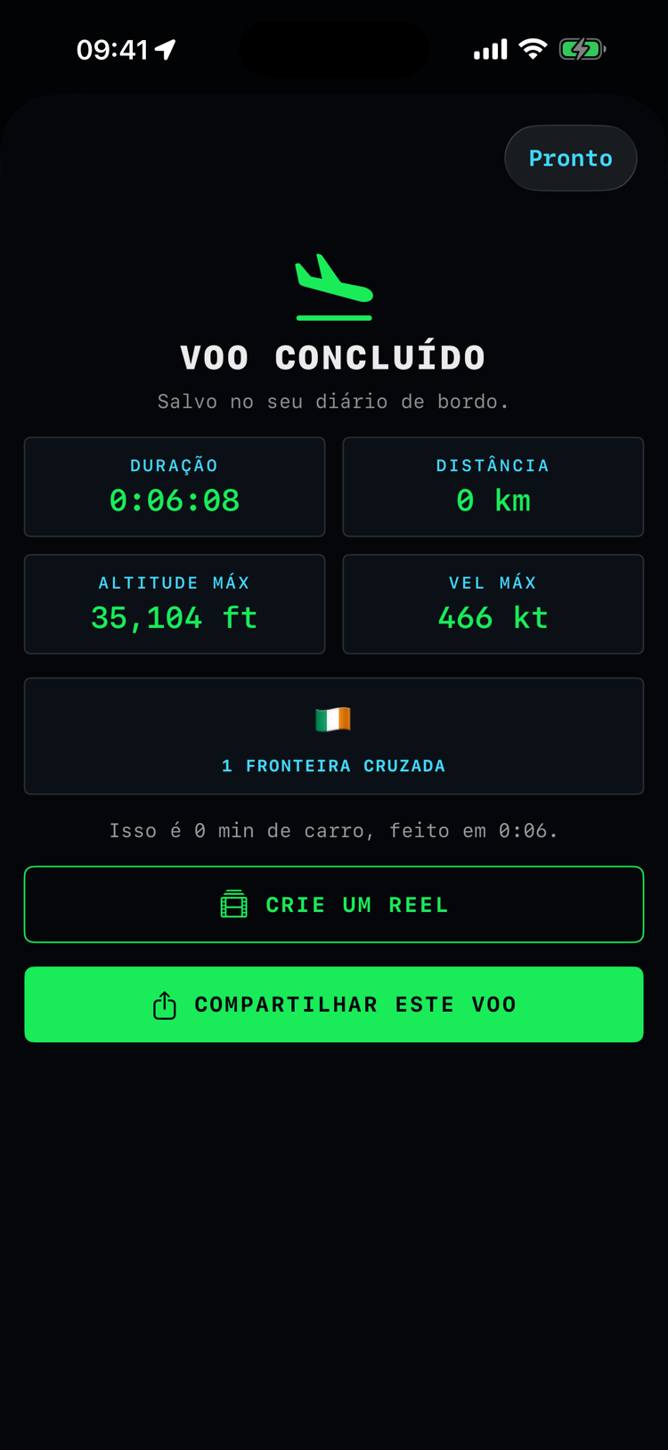 Tela de voo concluído: duração, distância, altitude máxima e velocidade máxima, com o botão de compartilhar