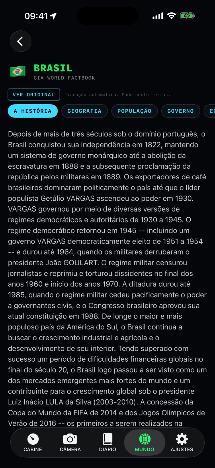 O capítulo do Brasil no World Factbook, em português: as abas de seções e as curiosidades