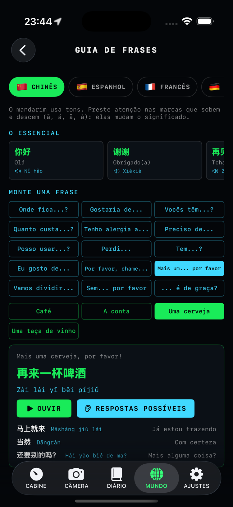 Guia de frases em voo: uma frase montada com sua pronúncia, o botão de reprodução e as respostas que você pode esperar