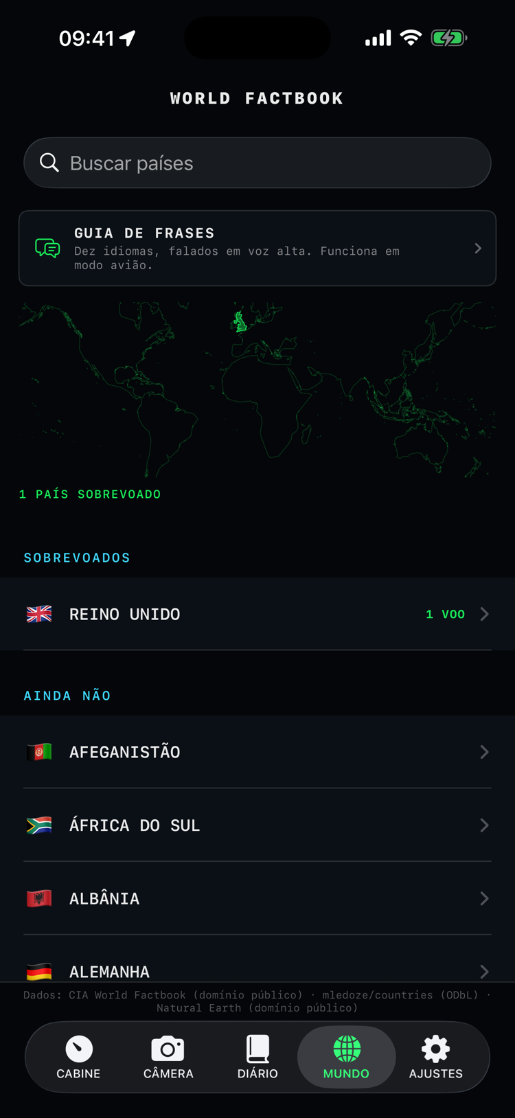 Aba Mundo: o mapa de coleção com os países sobrevoados iluminados e a lista de países em português