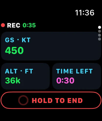 Recording a flight on Apple Watch: 450 knots ground speed, 36k feet, 30 minutes left, and hold to end