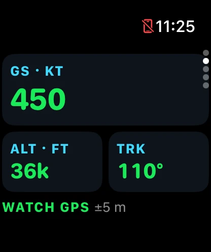SkyPocket on Apple Watch: 450 knots ground speed, 36k feet and a 110 degree track from the Watch's own GPS