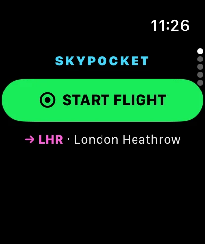 SkyPocket on Apple Watch before take-off: a big green Start Flight button, heading for LHR, London Heathrow