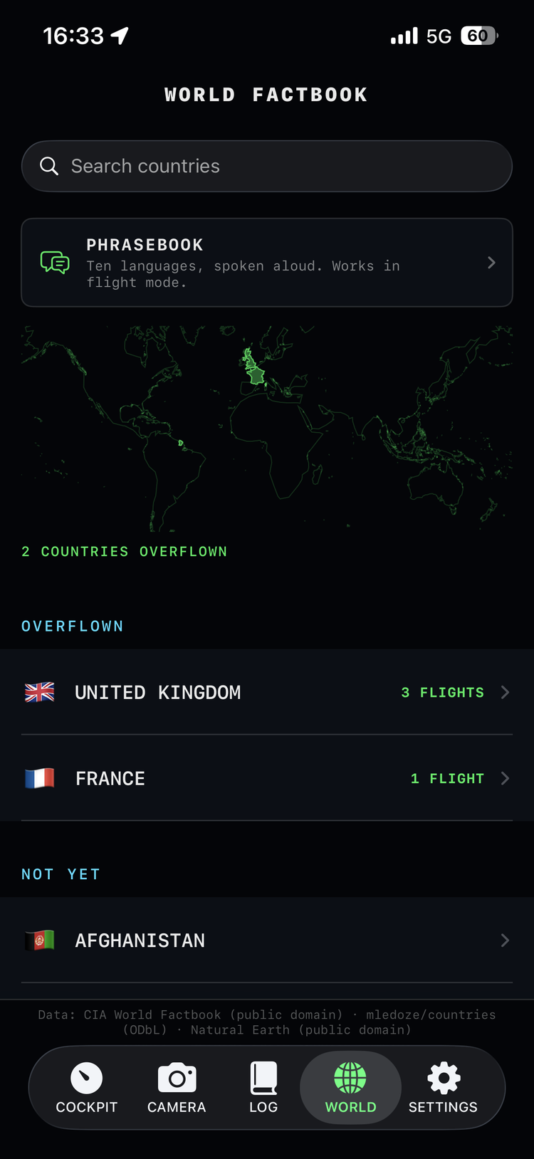 World Factbook tab after a real flight: two countries overflown, the United Kingdom on three flights and France on one