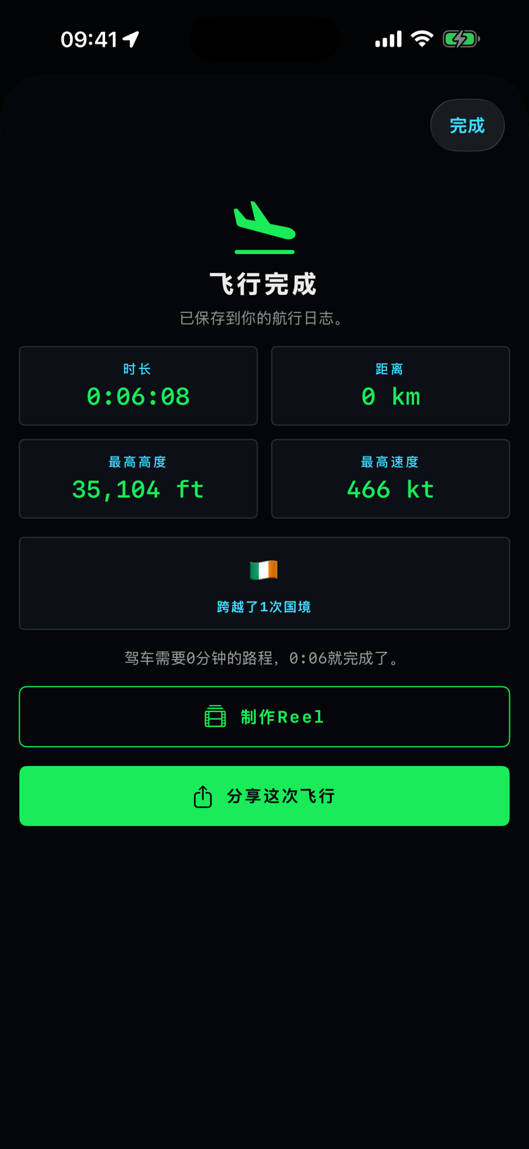 BCN到DUB的飞行完成界面，显示时长、距离、跨越的国境和航迹