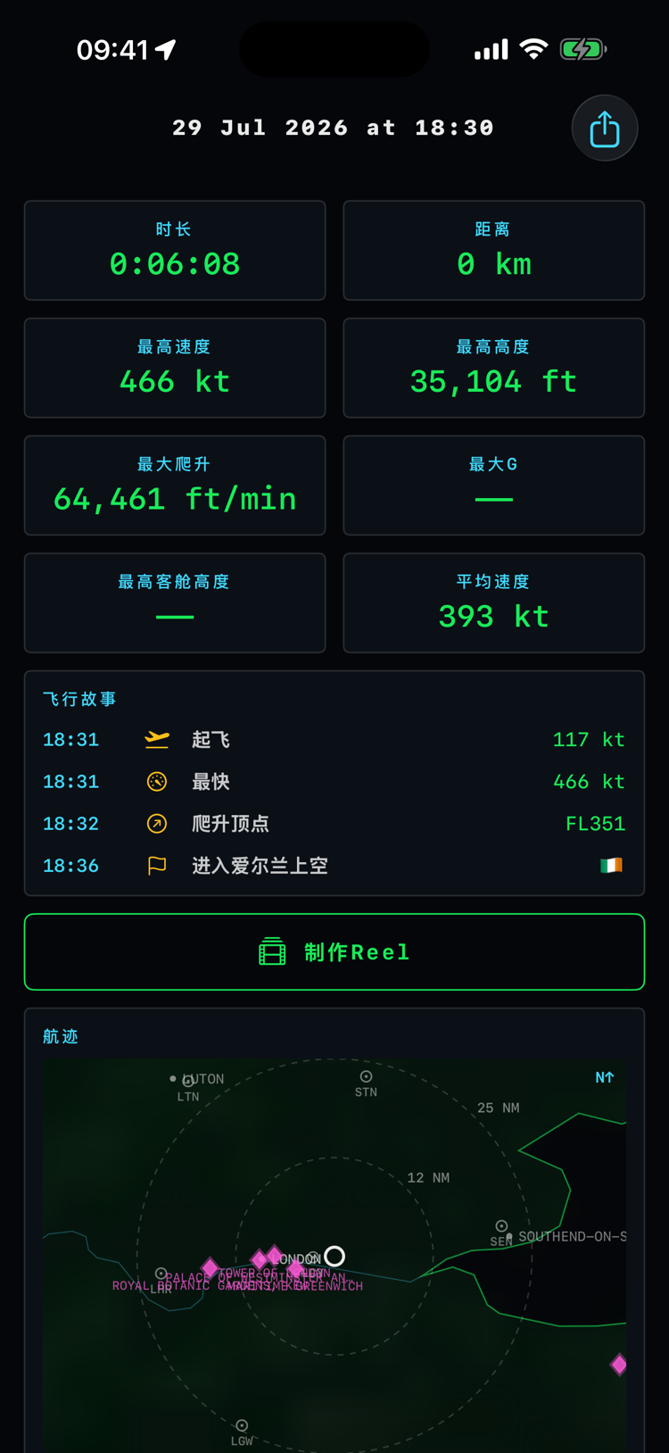 航班详情界面：你飞过的里程数、与其他交通方式的对比，以及飞过欧洲上空的航迹